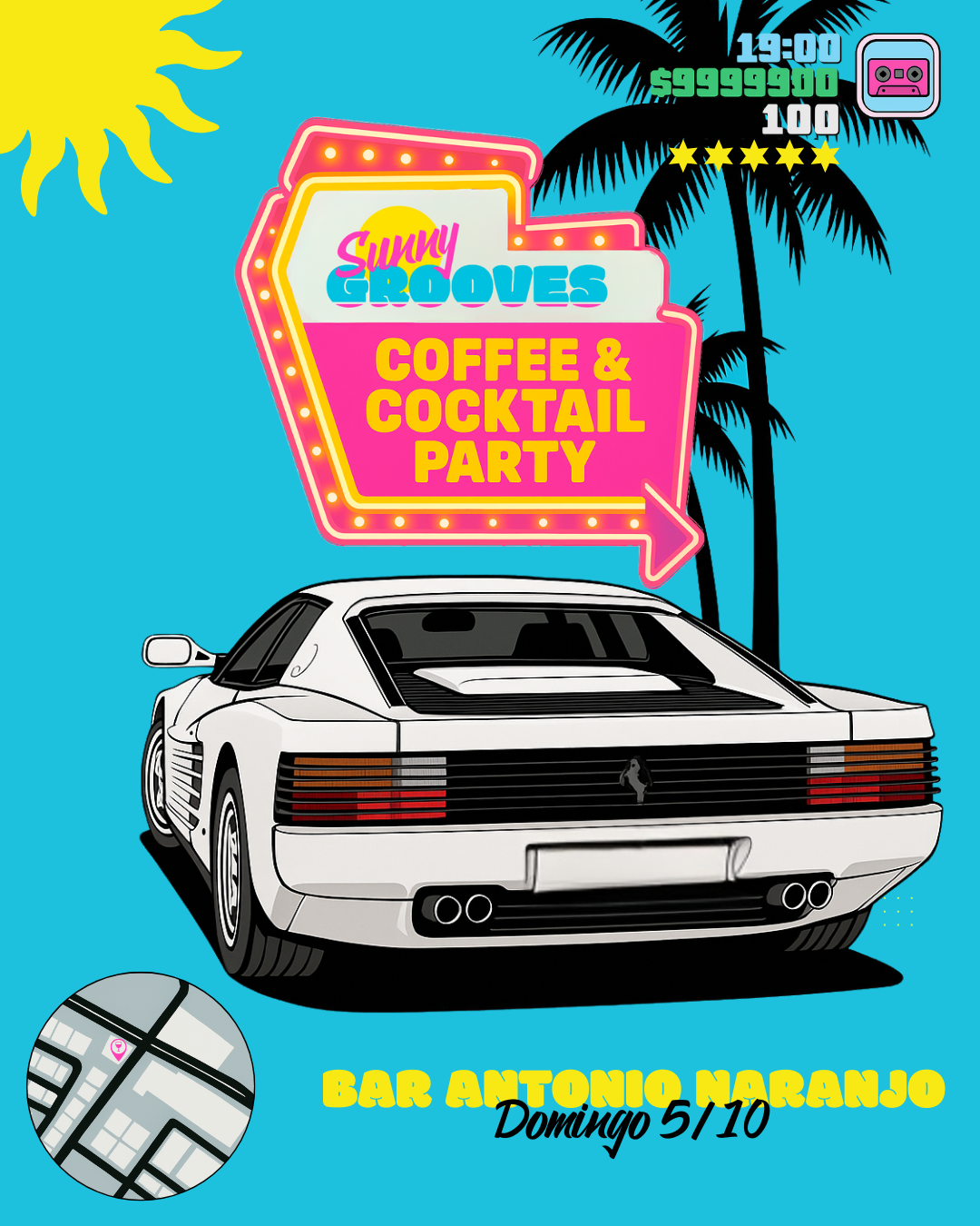Cartel de Sunny Grooves Coffee and Cocktail Party en Bar Antonio Naranjo